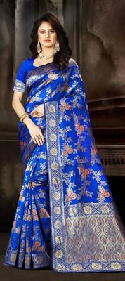 Royal Blue Woven Jacquard Saree With Blouse 1