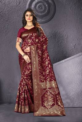   maroon woven jacquard saree with blouse 1
