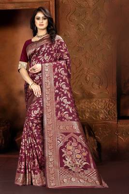   maroon woven jacquard saree with blouse 3