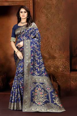   Navy Blue Woven Jacquard Saree With Blouse 4