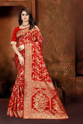   Red Woven Jacquard Saree With Blouse 5