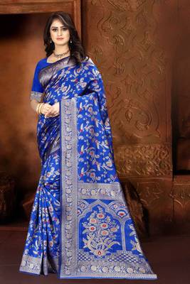   Royal Blue Woven Jacquard Saree With Blouse 3