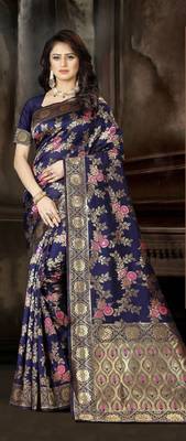 Navy Blue Woven Jacquard Saree With Blouse 1