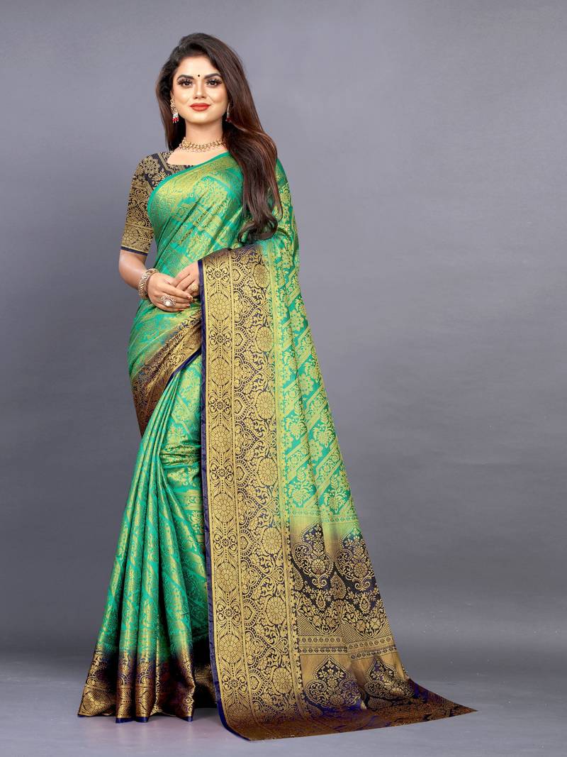 Sea green woven jacquard saree with blouse