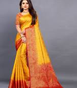 Yellow woven jacquard saree with blouse