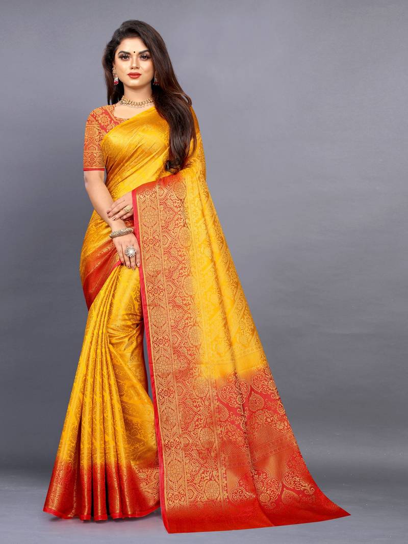 Yellow woven jacquard saree with blouse