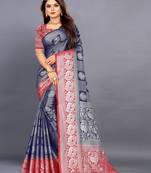 Navy blue woven jacquard saree with blouse