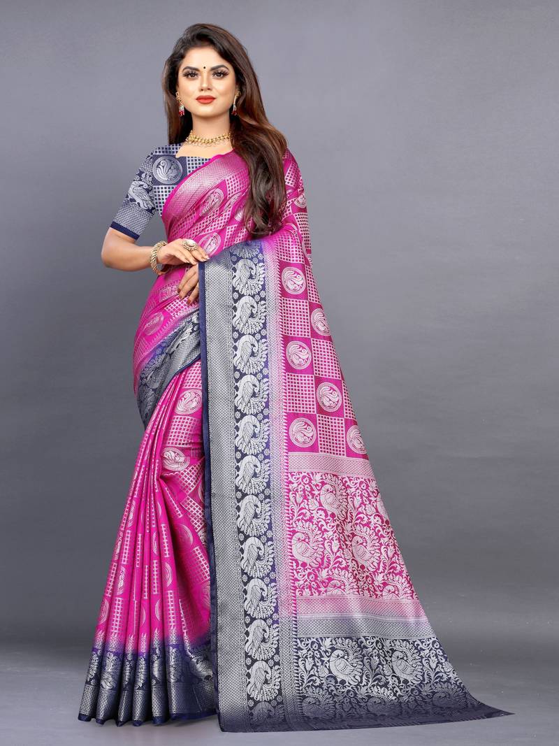 Pink woven jacquard saree with blouse