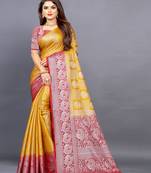 Yellow woven jacquard saree with blouse