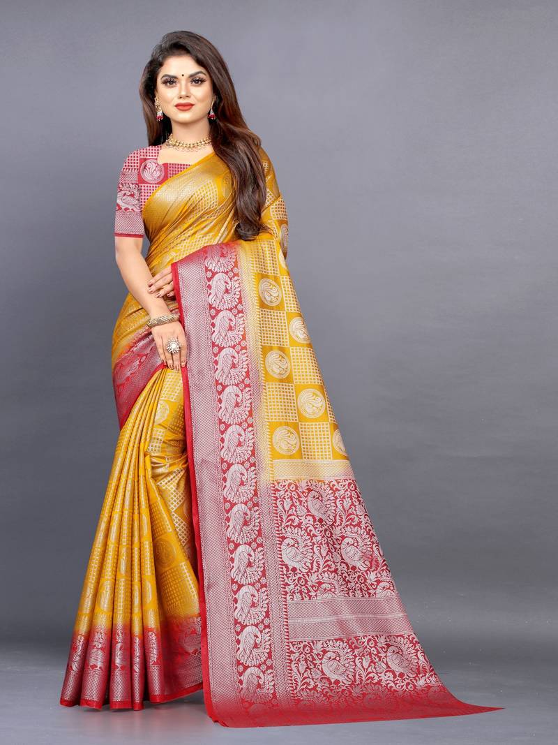 Yellow woven jacquard saree with blouse