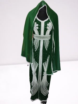 Green Zari Stone Work Georgette Islamic Style Beads Embedded Partywear Kaftan Long Gown Evening wear Dubai kaftan 1