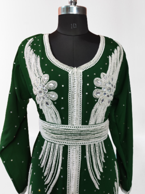 Green Zari Stone Work Georgette Islamic Style Beads Embedded Partywear Kaftan Long Gown Evening wear Dubai kaftan 4