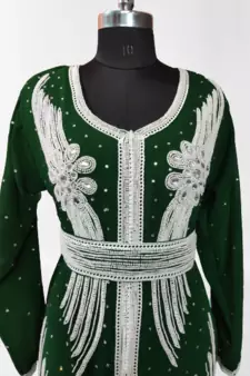 Green Zari Stone Work Georgette Islamic Style Beads Embedded Partywear Kaftan Long Gown Evening wear Dubai kaftan
