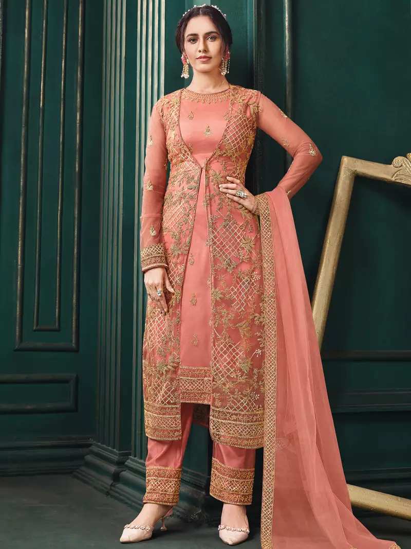 Peach embroidered net salwar