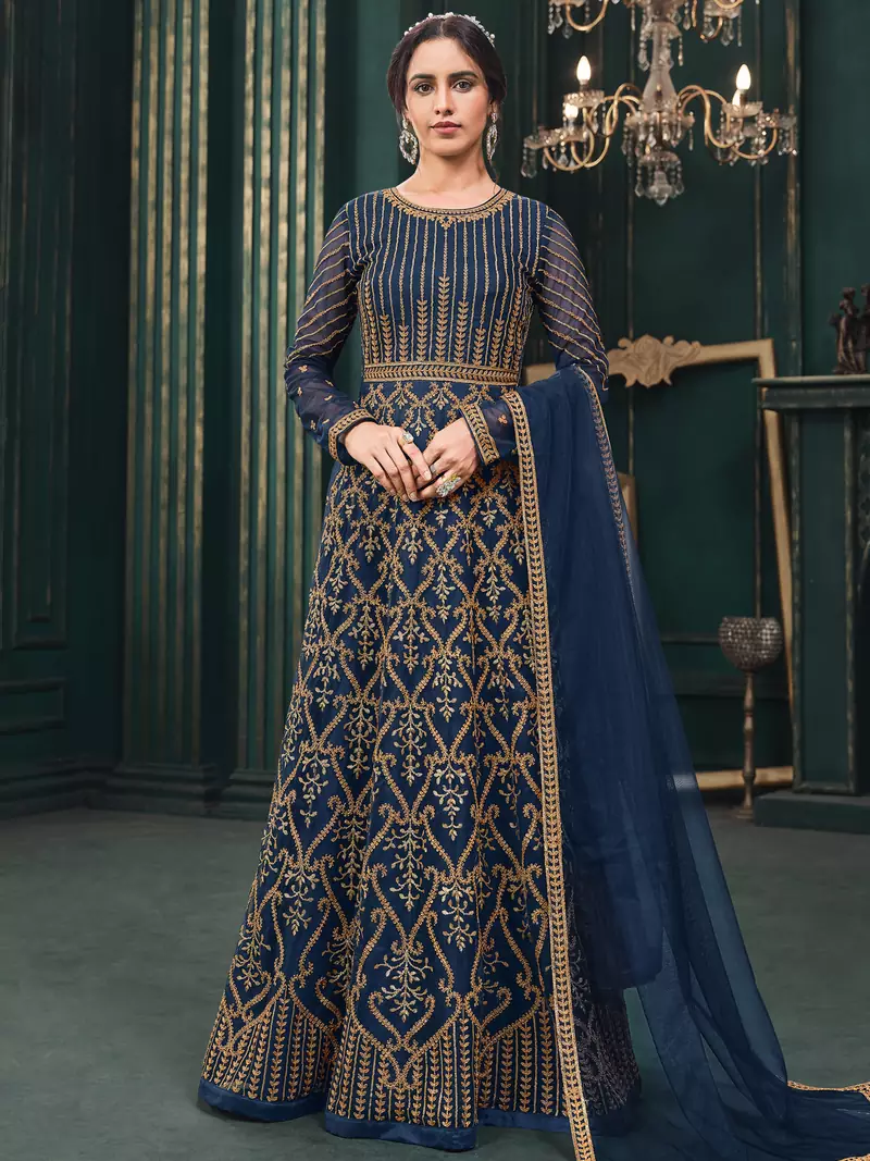 Navy blue embroidered net salwar