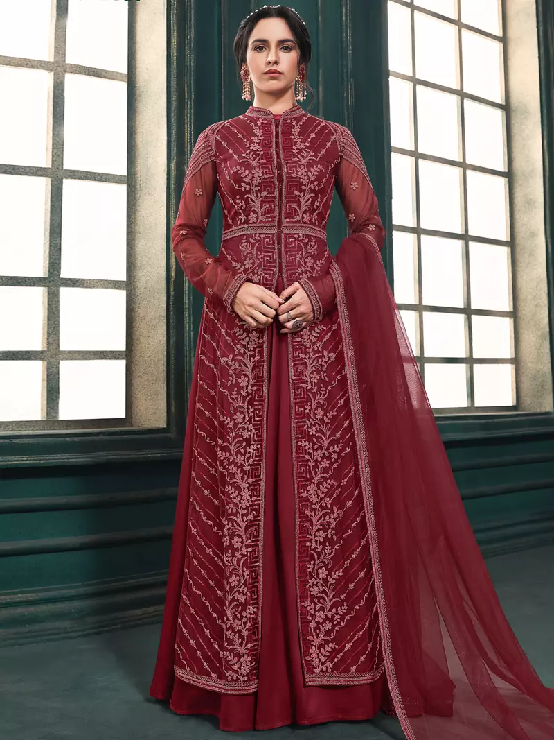 Maroon embroidered net salwar