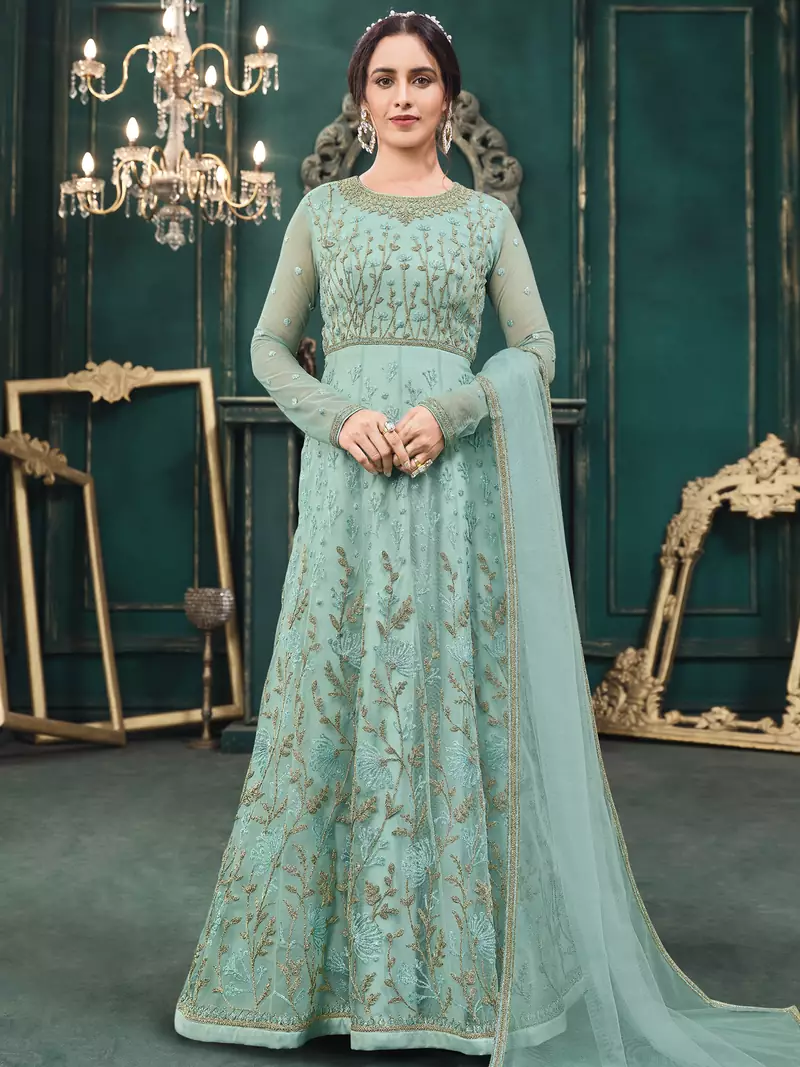Sky blue embroidered net salwar