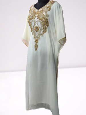 White Zari Stone Work Georgette Islamic Style Beads Embedded Partywear Kaftan Long Gown Evening wear Dubai kaftan 1