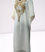White Zari Stone Work Georgette Islamic Style Beads Embedded Partywear Kaftan Long Gown Evening wear Dubai kaftan