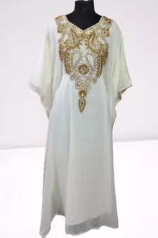 White Zari Stone Work Georgette Islamic Style Beads Embedded Partywear Kaftan Long Gown Evening wear Dubai kaftan