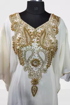 White Zari Stone Work Georgette Islamic Style Beads Embedded Partywear Kaftan Long Gown Evening wear Dubai kaftan