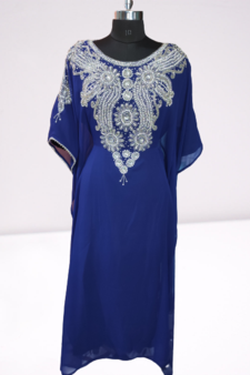 Blue Zari Stone Work Georgette Islamic Style Beads Embedded Partywear Kaftan Long Gown Evening wear Dubai kaftan