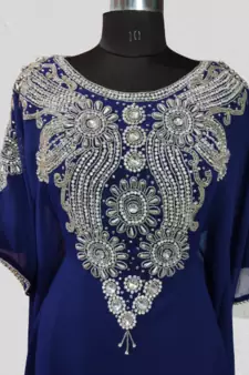 Blue Zari Stone Work Georgette Islamic Style Beads Embedded Partywear Kaftan Long Gown Evening wear Dubai kaftan