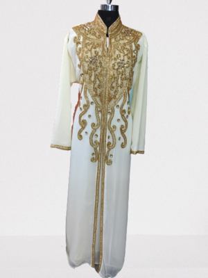 White Zari Stone Work Georgette Islamic Style Beads Embedded Partywear Kaftan Long Gown Evening wear Dubai kaftan 1
