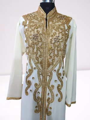 White Zari Stone Work Georgette Islamic Style Beads Embedded Partywear Kaftan Long Gown Evening wear Dubai kaftan 2