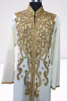 White Zari Stone Work Georgette Islamic Style Beads Embedded Partywear Kaftan Long Gown Evening wear Dubai kaftan