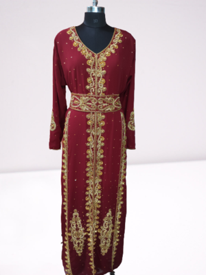 Maroon Zari Stone Work Georgette Islamic Style Beads Embedded Partywear Kaftan Long Gown Evening wear Dubai kaftan 1