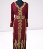 Maroon Zari Stone Work Georgette Islamic Style Beads Embedded Partywear Kaftan Long Gown Evening wear Dubai kaftan