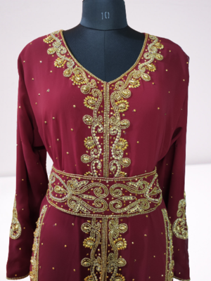 Maroon Zari Stone Work Georgette Islamic Style Beads Embedded Partywear Kaftan Long Gown Evening wear Dubai kaftan 2