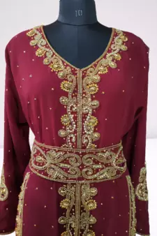 Maroon Zari Stone Work Georgette Islamic Style Beads Embedded Partywear Kaftan Long Gown Evening wear Dubai kaftan