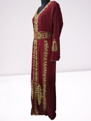 Maroon Zari Stone Work Georgette Islamic Style Beads Embedded Partywear Kaftan Long Gown Evening wear Dubai kaftan 4