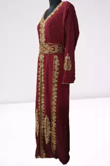 Maroon Zari Stone Work Georgette Islamic Style Beads Embedded Partywear Kaftan Long Gown Evening wear Dubai kaftan