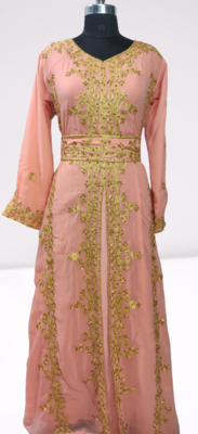 Peach Ari Stone Work Georgette Islamic Style Beads Embedded Partywear Kaftan Long Gown Evening wear Dubai kaftan 1