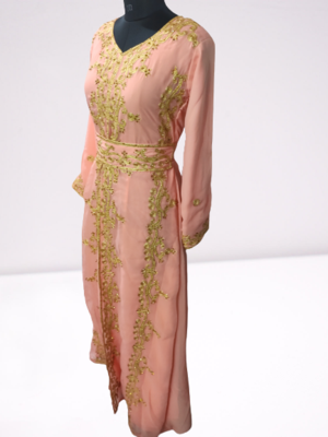 Peach Ari Stone Work Georgette Islamic Style Beads Embedded Partywear Kaftan Long Gown Evening wear Dubai kaftan 2