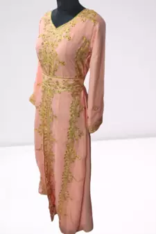 Peach Ari Stone Work Georgette Islamic Style Beads Embedded Partywear Kaftan Long Gown Evening wear Dubai kaftan