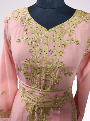 Peach Ari Stone Work Georgette Islamic Style Beads Embedded Partywear Kaftan Long Gown Evening wear Dubai kaftan 3