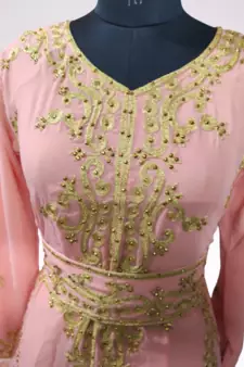 Peach Ari Stone Work Georgette Islamic Style Beads Embedded Partywear Kaftan Long Gown Evening wear Dubai kaftan
