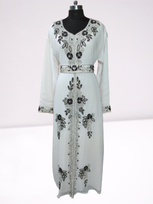 White Zari Stone Work Georgette Islamic Style Beads Embedded Partywear Kaftan Long Gown Evening wear Dubai kaftan 1