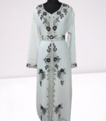 White Zari Stone Work Georgette Islamic Style Beads Embedded Partywear Kaftan Long Gown Evening wear Dubai kaftan