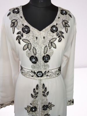 White Zari Stone Work Georgette Islamic Style Beads Embedded Partywear Kaftan Long Gown Evening wear Dubai kaftan 2