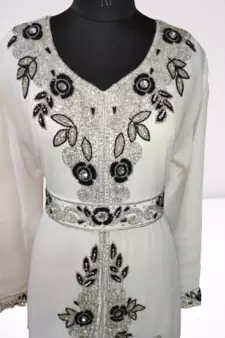 White Zari Stone Work Georgette Islamic Style Beads Embedded Partywear Kaftan Long Gown Evening wear Dubai kaftan