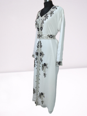 White Zari Stone Work Georgette Islamic Style Beads Embedded Partywear Kaftan Long Gown Evening wear Dubai kaftan 3