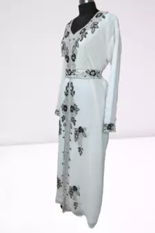 White Zari Stone Work Georgette Islamic Style Beads Embedded Partywear Kaftan Long Gown Evening wear Dubai kaftan