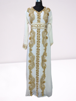 White Zari Stone Work Georgette Islamic Style Beads Embedded Partywear Kaftan Long Gown Evening wear Dubai kaftan 1