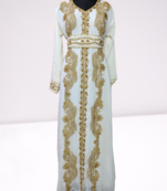 White Zari Stone Work Georgette Islamic Style Beads Embedded Partywear Kaftan Long Gown Evening wear Dubai kaftan