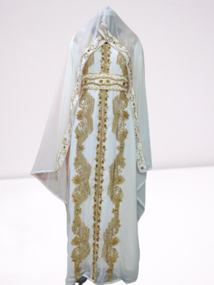 White Zari Stone Work Georgette Islamic Style Beads Embedded Partywear Kaftan Long Gown Evening wear Dubai kaftan 3